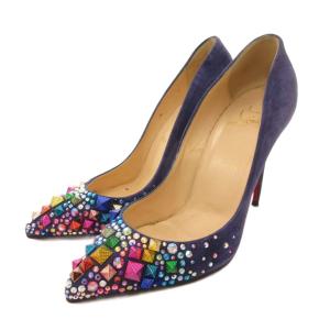 パンプス ハイヒール ポインテッドトゥ カットストーン ビジュー スエード 39 紺 ネイビー /FF