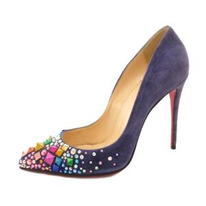 Christian Louboutin パンプス ハイヒール ポインテッドトゥ カットストーン ビジュー スエード 39 紺 ネイビー /FF