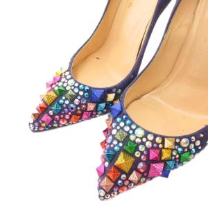 Christian Louboutin パンプス ハイヒール ポインテッドトゥ カットストーン ビジュー スエード 39 紺 ネイビー /FF