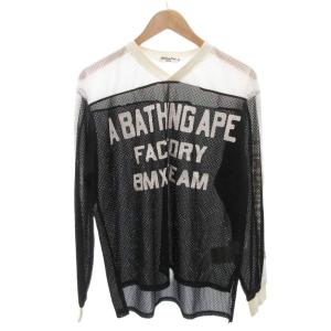 90S ヴィンテージ BMX TEAM メッシュカットソー Vネック バイカラー 長袖 M 白 ホワイト