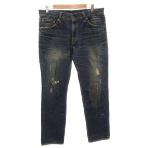 デニムパンツ ジーンズ ストレート ダメージ加工 ペイント加工 W34 インディゴ /FF GY62