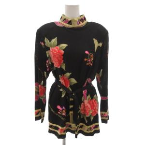 FASHION カットソー 花柄 シルク混 ハイネック 長袖 L 黒 ブラック /FF GY62