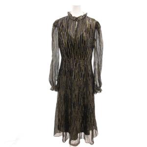ロングワンピース 絹 シルク ラメ ストライプ柄 フリルハイネック 長袖 4 黒 ブラック /YJ GY62
