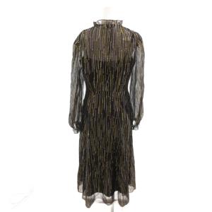 COACH ロングワンピース 絹 シルク ラメ ストライプ柄 フリルハイネック 長袖 4 黒 ブラック /YJ GY62