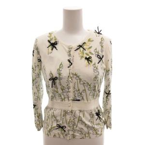 美品 アンサンブルニット カーディガン ノースリーブ リボン 花柄 40 白 ホワイト 緑 グリーン /YJ