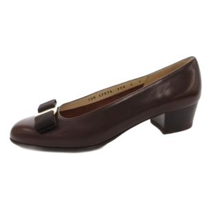 Salvatore Ferragamo ヴァラ リボン パンプス ラウンドトゥ チャンキーヒール 6 茶 ブラウン /FF GY62