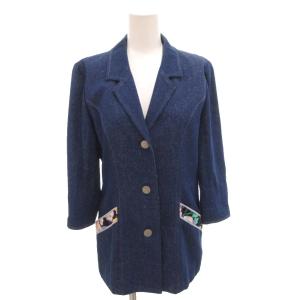 FASHION デニム テーラードジャケット 花柄プリント メタルボタン シルク 絹 9AR インディゴ