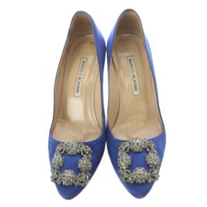 MANOLO BLAHNIK ハンギシ サテン ビジュー パンプス 37 ブルー