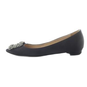 MANOLO BLAHNIK ハンギシ サテン ビジュー フラットシューズ 36 ブラック