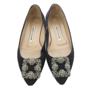MANOLO BLAHNIK ハンギシ サテン ビジュー フラットシューズ 36 ブラック