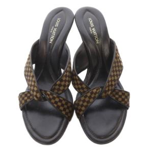 LOUIS VUITTON ダミエ ハラコ サンダル ミュール ピンヒール 38 茶色 ブラウン /SR GY62