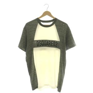 ラグラン半袖Tシャツ カットソー ダメージ加工 ロゴ S グレー アイボリー /SS OS GY62