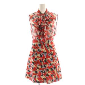 シルクワンピース ノースリーブ 膝丈 40 レッド マルチカラー /DO GY62