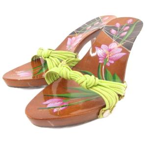 サンダル ヒール ウッド 花がら 35 茶 ブラウン /JS GY57