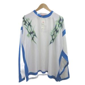 Tシャツ L 白 ホワイト 青 ブルー 長袖 ヘンリーネック トライバル柄 /YU GY62
