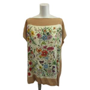 カットソー 絹 シルク 日本限定品 フローラ50周年 オレンジベージュ 花柄 ボートネック 半袖 /AY