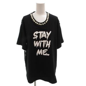 レース切替 プリントTシャツ カットソー フェイクパール 半袖 36 黒 ブラック /FF GY57