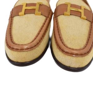 HERMES フラットローファー Hロゴ金具 37 1/2 ベージュ ブラウン