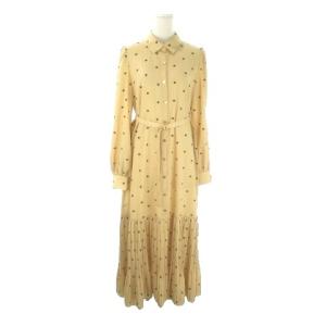 シャツワンピース 38 ベージュ 長袖 刺繍デザイン 総柄 切替 プリーツ ベルト /AO11 GY62