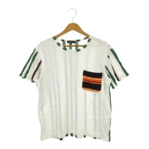 HOMME PLUS Tシャツ S 白 ホワイト 緑 グリーン ストライプ柄 半袖 クルーネック PE-T050