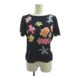 ニット カットソー 絹 シルク L 紺 ネイビー 花柄 ボートネック 半袖 /NP GY62