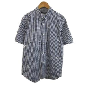 シャツ M 青 ブルー ギンガムチェック柄 ペンキ加工 半袖 /KK GY62