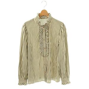 スタンドカラーシャツ 長袖 ストライプ フリル 13+ アイボリー グレー /AT OS GY48