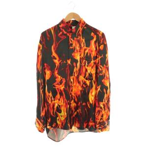 22SS Fire Jersey Shirt ファイヤー 総柄 レーヨン シルク混 シャツ XS ブラック