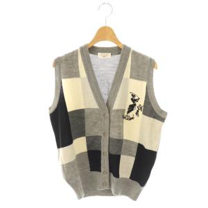 ゴルフウェア ニットベスト M グレー ブラック 黒 オフホワイト 白 チェック柄 刺繍 /ES GY53