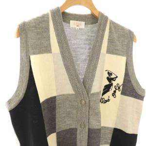 Chloe ゴルフウェア ニットベスト M グレー ブラック 黒 オフホワイト 白 チェック柄 刺繍 /ES GY53