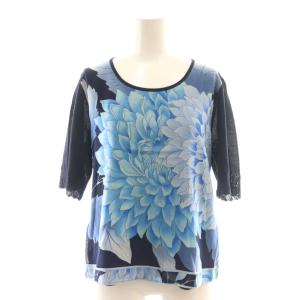 ニット カットソー プルオーバー 総柄 花柄 シルク カシミヤ混 LL 紺 青 水色 /CX GY53