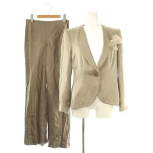 セットアップ シルクリネン コサージュ付きジャケット ドット柄パンツ 38 ベージュ モカ カーキ /DO