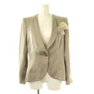 GIORGIO ARMANI セットアップ シルクリネン コサージュ付きジャケット ドット柄パンツ 38 ベージュ モカ カーキ /DO