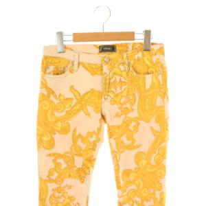 VERSACE ヴィンテージ パンツ 総柄 ソフトブーツカット ラメ 26 40 マスタードイエロー アイボリー /ES