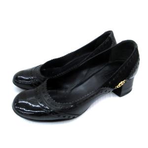 パンプス エッグトゥ ローヒール チャンキーヒール レザー スエード 35.5 22.5cm 黒 ブラック