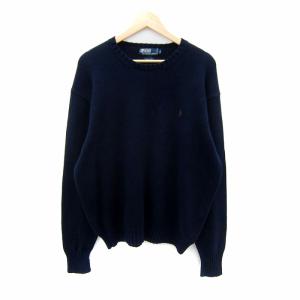 ニット セーター 長袖 ラウンドネック ロゴ刺繍 XL 紺 ネイビー /SY29 GY53