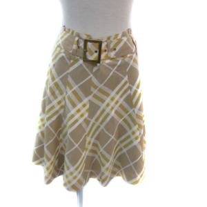 フレアスカート ひざ丈 チェック柄 ウエストベルト付き 麻 リネン混 36 S マルチカラー ベージュ