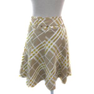 BURBERRY BLUE LABEL フレアスカート ひざ丈 チェック柄 ウエストベルト付き 麻 リネン混 36 S マルチカラー ベージュ