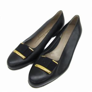 パンプス ラウンドトゥ チャンキーヒール ローヒール リボン レザー 7 24.1?p 紺 ネイビー 36421