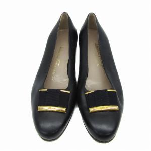 Salvatore Ferragamo パンプス ラウンドトゥ チャンキーヒール ローヒール リボン レザー 7 24.1?p 紺 ネイビー 36421