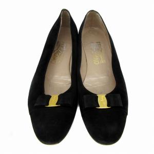 Salvatore Ferragamo フラットシューズ ラウンドトゥ ヴァラ リボン スエード 7.5 24.5?p 黒 ブラック 2564