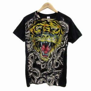 Tシャツ カットソー 半袖 ラウンドネック アニマル柄 ラインストーン S マルチカラー 黒 ブラック