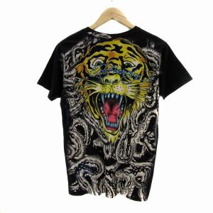 Ed Hardy Tシャツ カットソー 半袖 ラウンドネック アニマル柄 ラインストーン S マルチカラー 黒 ブラック