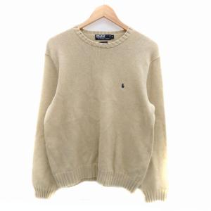 ニット セーター クルーネック 長袖 ロゴ刺繍 M ベージュ 紺 ネイビー /HO44 GY53