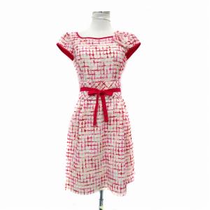 ワンピース ラウンドネック 半袖 ひざ丈 リボンベルト付き ツイード 40 L マルチカラー オフホワイト