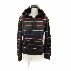 ジャケット ニットパーカー ミドル丈 マルチボーダー柄 ロゴ刺繍 ジップアップ 38 M 茶 ブラウン