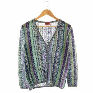 カーディガン ニット 総柄 ウール モヘア混 46 グリーン マルチカラー /ES GY53