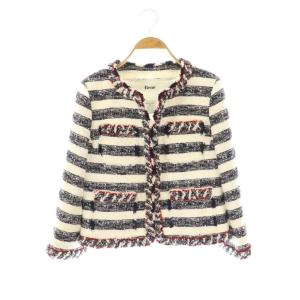 TISSUE ツイードジャケット アウター ノーカラー ビーズ 装飾 36 オフホワイト 濃紺 赤 /NR