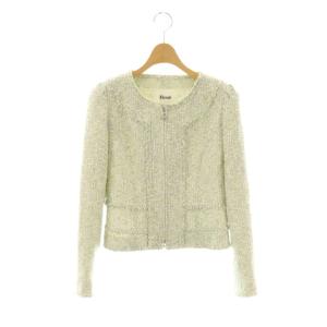 TISSUE ツイードジャケット アウター ノーカラー ジップアップ 36 白 緑 /NR GY53