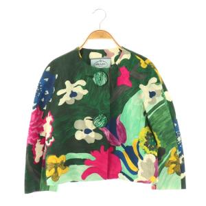 ノーカラージャケット 花柄 グリーン マルチカラー
